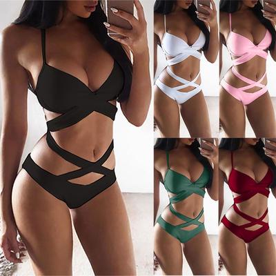 Women's Swimwear Sexy Bikini Solid Color Strap Cross Split Swimsuit
