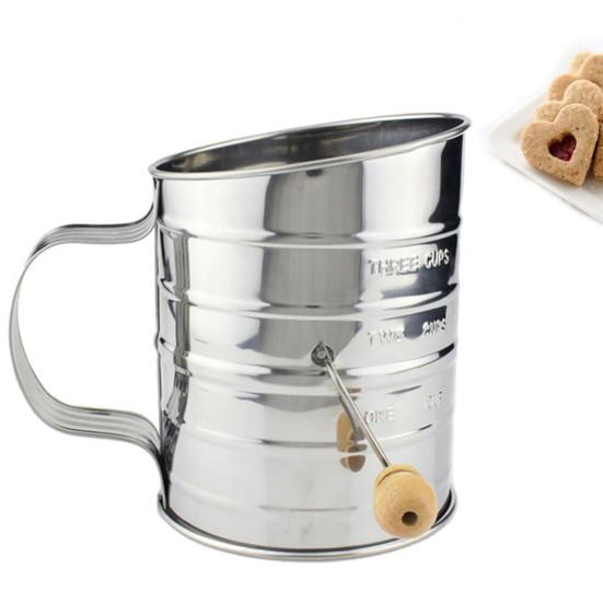 Flour Sifter Semi-automatic Handheld Hand-crank Sieve Stainless Steel Graduated Inclined Mouth Flour Sieve Kitchen Gadget