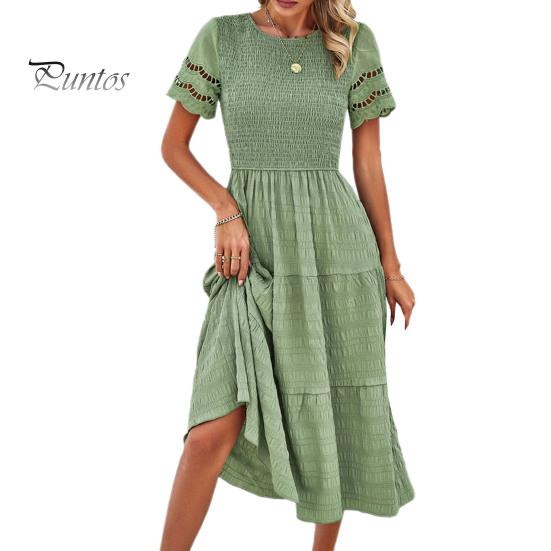 

Літня жіноча сукня з вирізом, короткими рукавами, круглим вирізом, трапеція, вільний поділ, плісе, печворк, суцільний колір, еластичний бюст, висока талія, м’який, дихаючий. M зелений