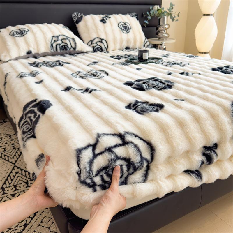 Plush Fleece-Lined Rabbit Fur Fitted Sheet Set - Double Bed, Winter Warmth, 3-Piece Mattress Protector