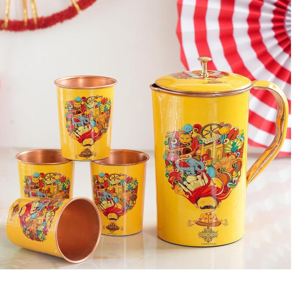 Meena Padharo Mhare Desh Theme Copper Gift Set of 1 Jug & 4 Glass - Perfect for Home, Office, and Gifting, Jug-1.5 Litre & Glass-270 ML Each