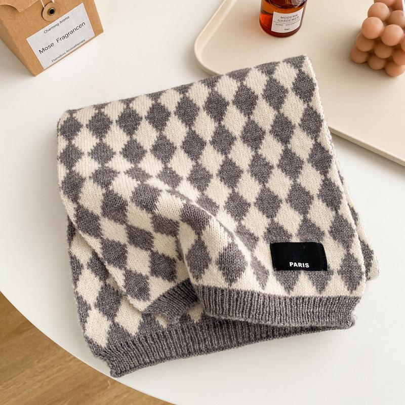 Blue checkerboard wool small scarf female winter warm versatile student couple short scarf