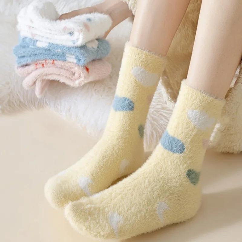 Women Cute Plush Socks Warm Winter Fluffy Mink Fleece Middle Tube Sock Butterfly Cloud Kawaii Cartoon Fuzzy Floor Sleeping Socks