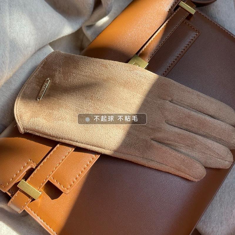 Autumn Winter Fleece Lined Thick Warm Faux Suede Driving Leather Gloves Cycling Versatile Fingerless Women Windproof Touchscreen