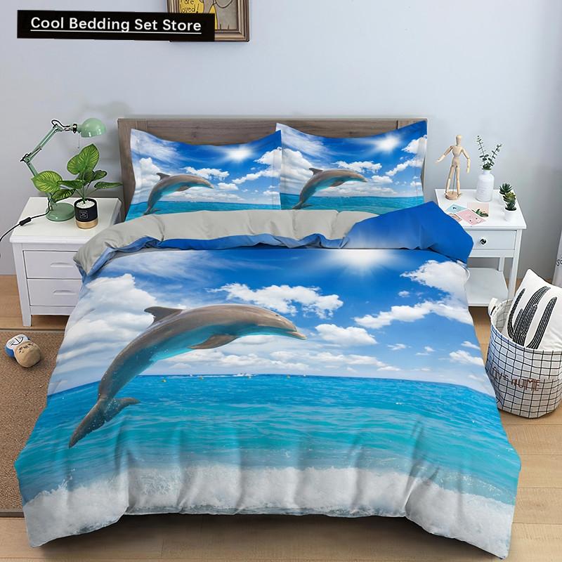 Ocean Dolphin Duvet Cover King Queen Size Cute Dolphin Jumping In The Blue Sea Bedding Set Children 3D Animal Sunset Quilt Cover