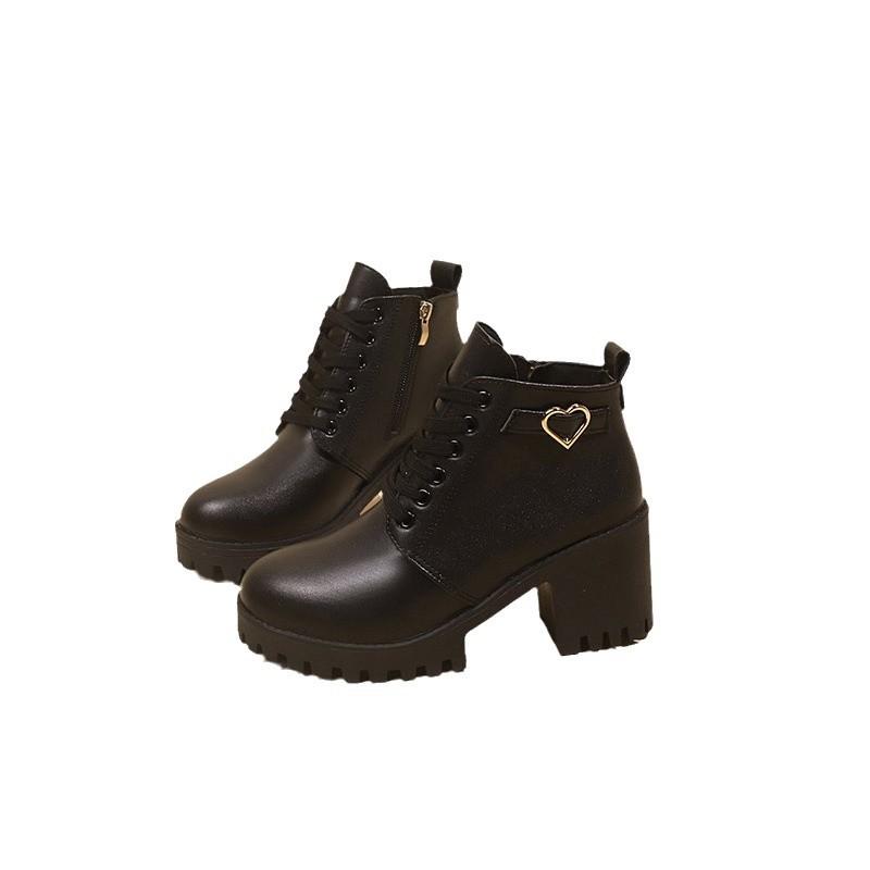 Autumn and Winter Coarse Heel Martin Boots Women, Side Zipper High Heel Round Head Lace-up Short