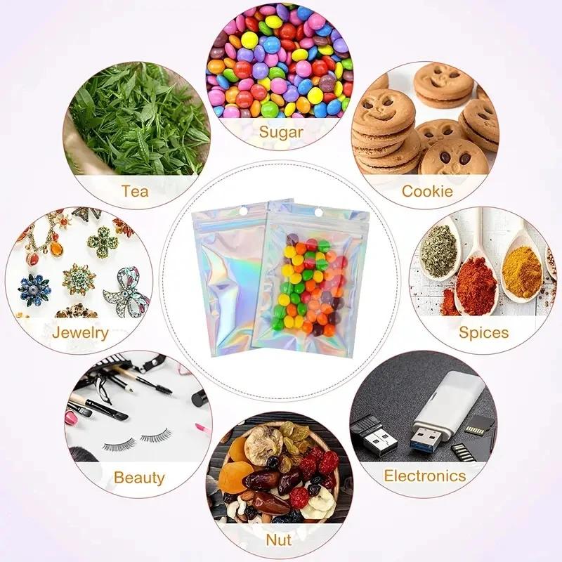 50pcs Smell Proof Mylar Bags Holographic Laser Color Plastic Pouch Candy Suger Tea Jewelry Beauty Retail Storage Party Gift Zip Lock Bag