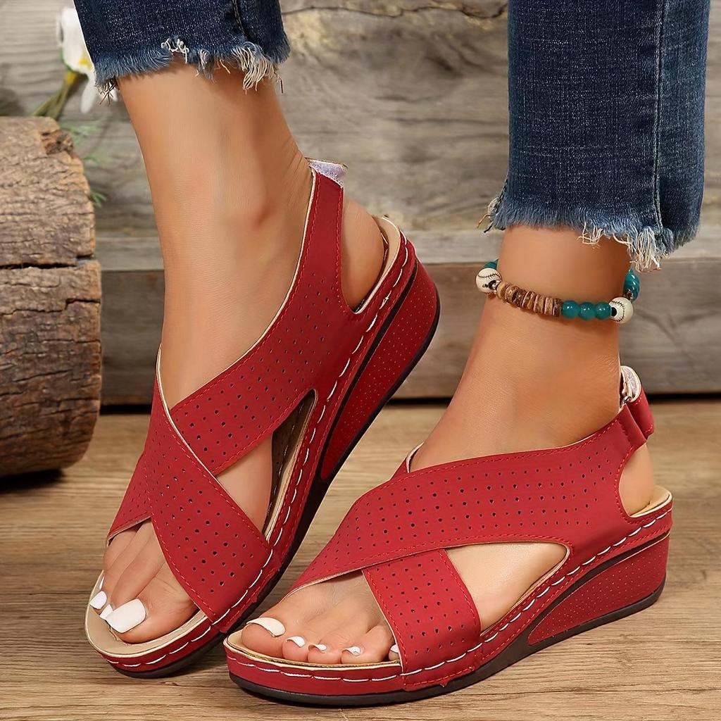 Southeast Asia Women's Cross-Strap Velcro Wedge Sandals - Lightweight, Thick-Soled Beach Sandals