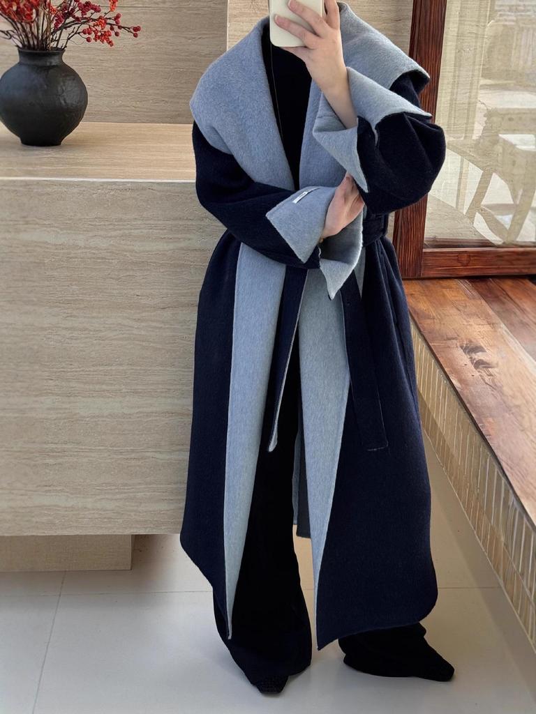 Cloud Floss Women's Double-Faced Wool Coat: Tie-Waist Hooded, Large Lapel, Loose Fit, Thickened Temperament Overcoat.