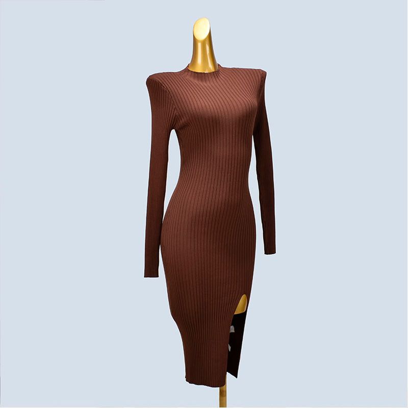 

Export Single Fashion Style Fashion Half Turtleneck Knitting Sweater Sunken Stripe Pullover Slim Fit Slit Dress Knitting Women s Clothing Dark brown XL