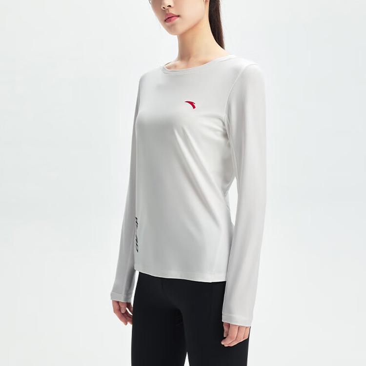 Anta Training Series Solid Color Logo Round Neck Pullover Long Sleeve T-Shirt Women Tops Pure-White 162337402-1
