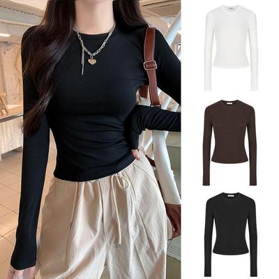 American Cinched Waist Long Sleeve T-shirt, Korean Style, High Stretch, Round Neck, Hot Girl Fashion for Autumn and Summer.