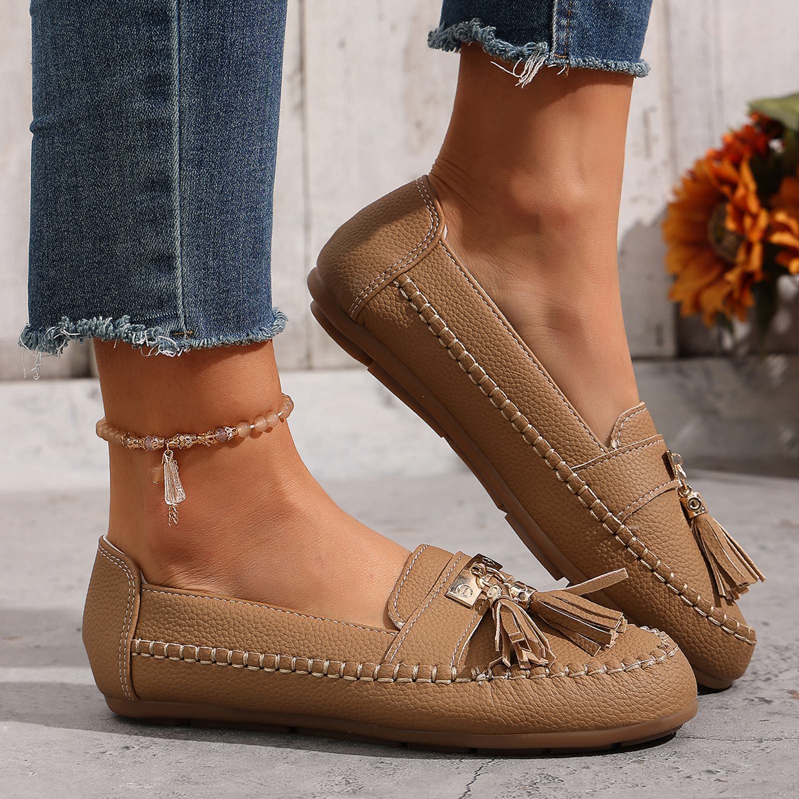 

Womens Sandals Size 8 Flat Thin Soled Tassel Women S Slip Fashionable And Casual Leather Shoes For Wearing Tenis De Mujer 36 хакі