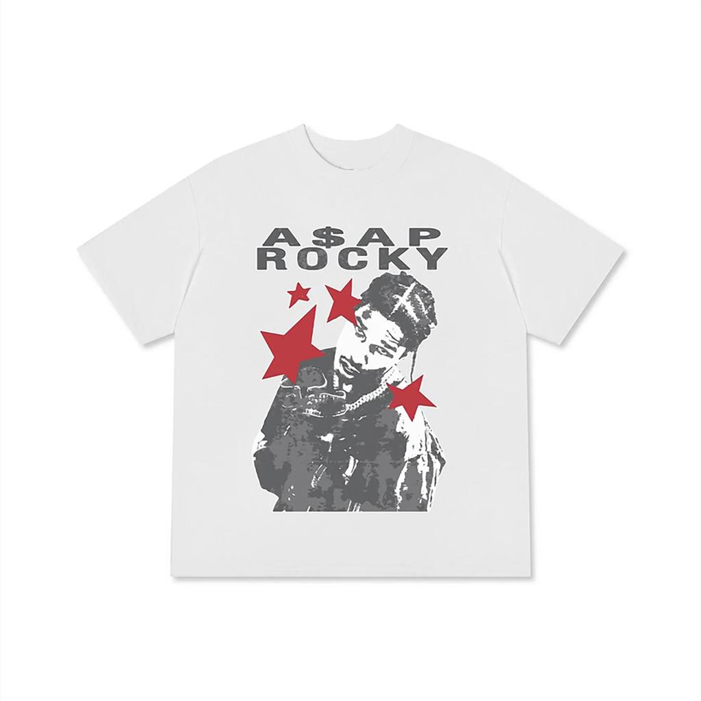 New A AP ROCKY Printed Cotton Tshirt Summer Unisexs and Womens Fashion Casual YK Short Sleeve Tshirt Streetwear Unisex