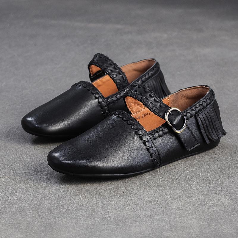 Johnature Genuine Leather Solid Color Belt Buckle Women's Shoes Retro Versatile Tassel Round Toe Soft Sole Flats