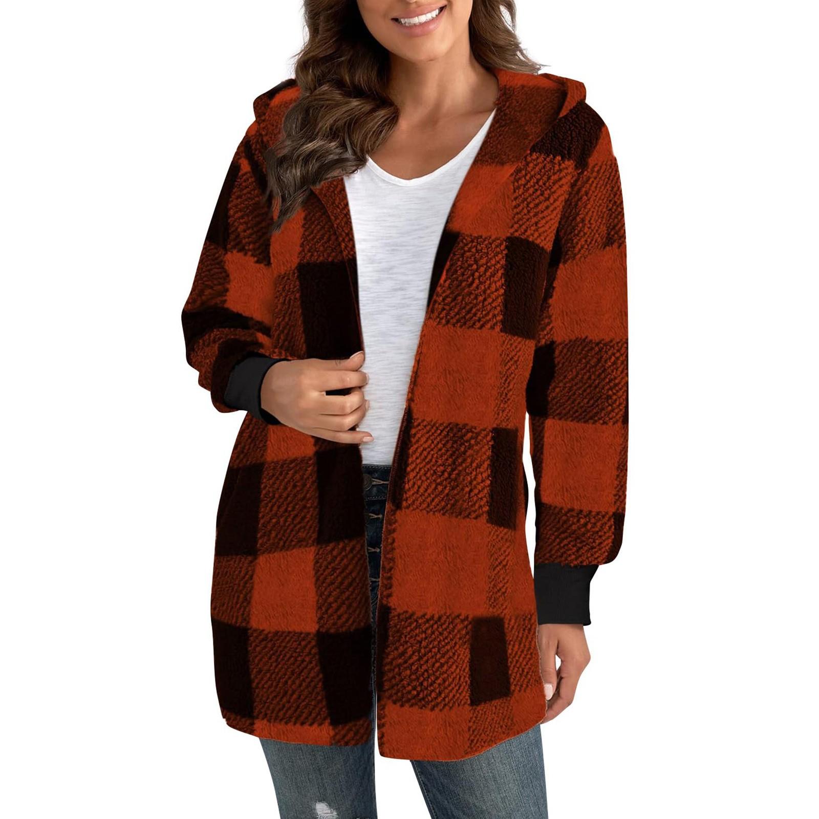 

Женские зимние пальто, теплые плюшевые куртки, открытый спереди, длинный рукав, кардиган, модная клетчатая пушистая верхняя одежда XXL оранжевый