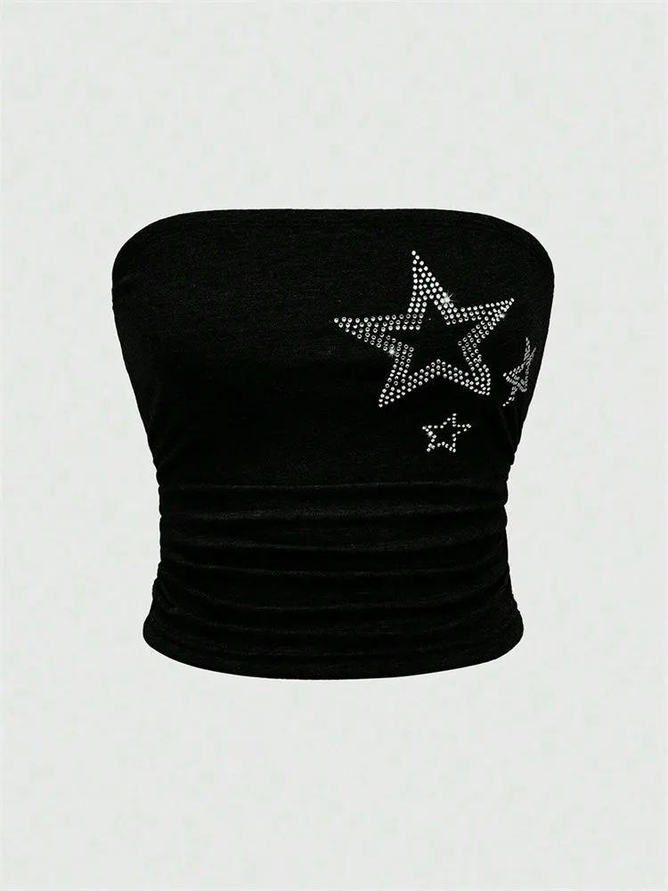 

Укороченный топ phumee Без рукавов Стразы Звездный узор С открытыми плечами A2459 M чёрный