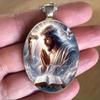 A Vintage-style Jesus Prayer Scene Pendant Necklace, a Cross Element Glass Pendant Stainless Steel Necklace for Men and Women