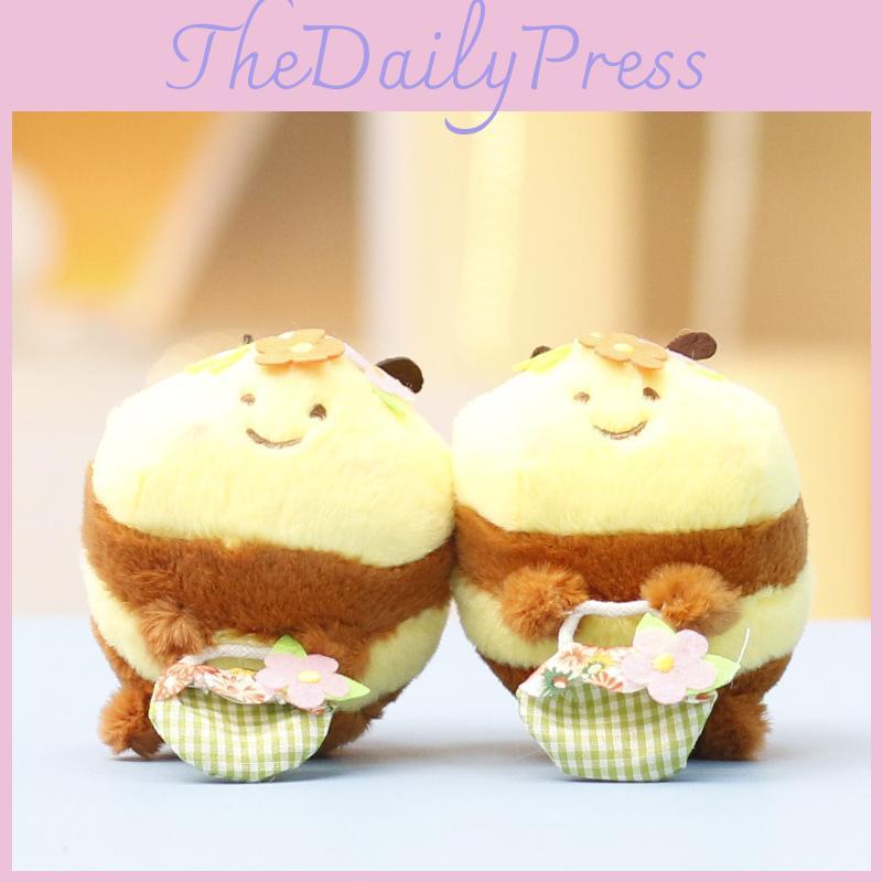 Fluffy Cartoon Bee Keychain With Grid Bag Decoration For Kids And Gifts Teens