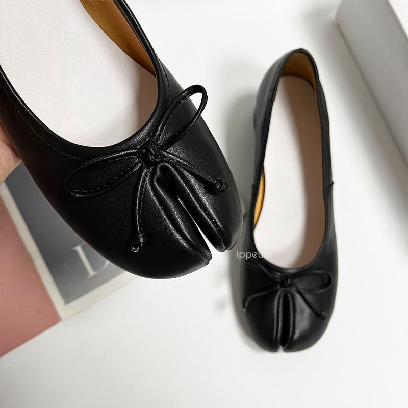 IPPEUM Tabis Shoes Split Toe Ballet Flats Plus Size 43 Women Mary Janes Low Heel Black Leather Ballerinas Zapatos Mujer