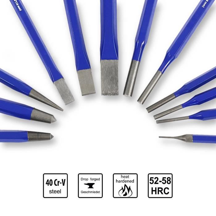 Jeu De 12 Chasse-Pointe, Chasse-goupille, Burins Et Chasse-Clous En Chrome Vanadium De Haute Qualité Dans Une Boîte De Rangement