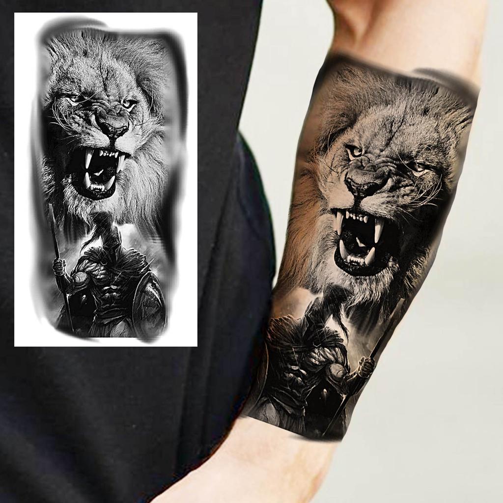 1 Sheet Lion Wolf Skeleton Nun Tiger Black Temporary Tattoos For Men Adult Leg Arm Compass Flower Fake Tattoo Sticker Waterproof