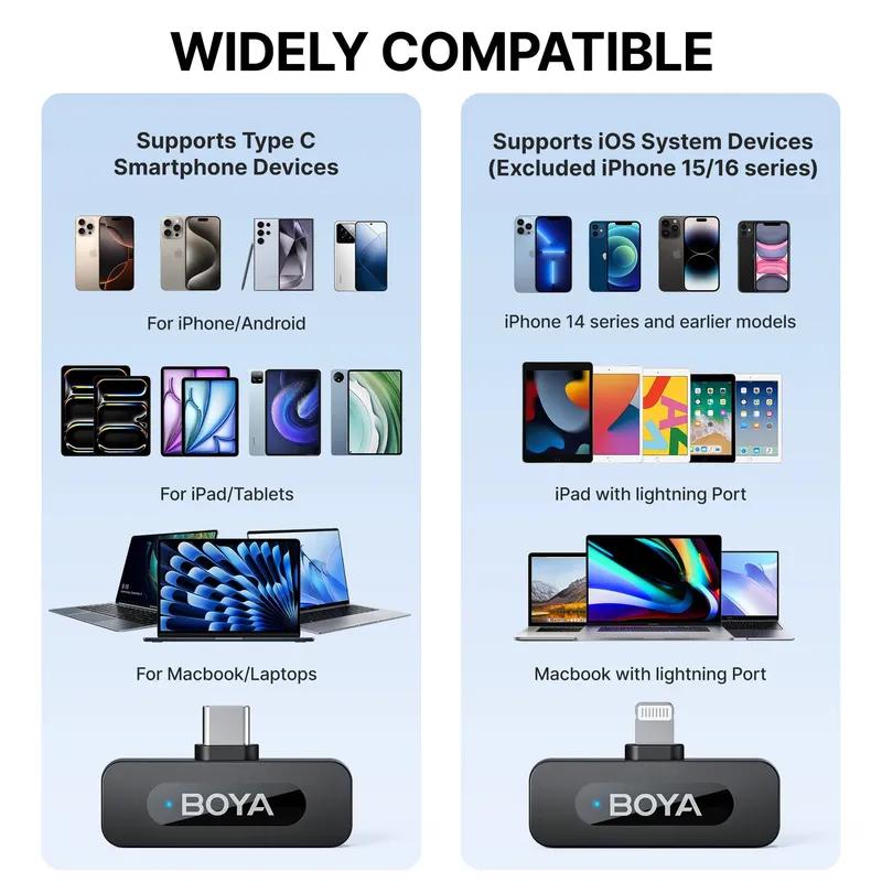 Microfono lavalier wireless BOYA BY-V3 con clip, microfono ricaricabile con cancellazione del rumore per iPhone, Android, fotocamera, live streaming, vlogging