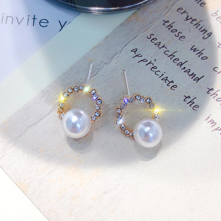 Round Diamond Pearl Stud Earrings Female Student Korean Version Simple Temperament Fashion Earrings Earrings Female