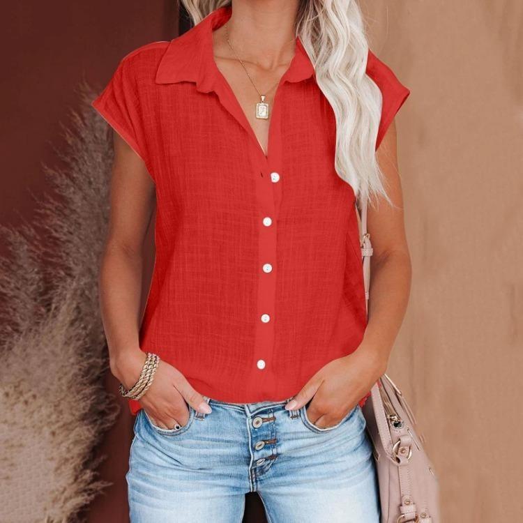 Women Casual Short Sleeve Shirt Summer Solid Color Lapel Top Single Breasted Blouse