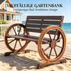 Vintage-style garden bench with cartwheel armrests, classic wooden bench with unique design, double seat bench
