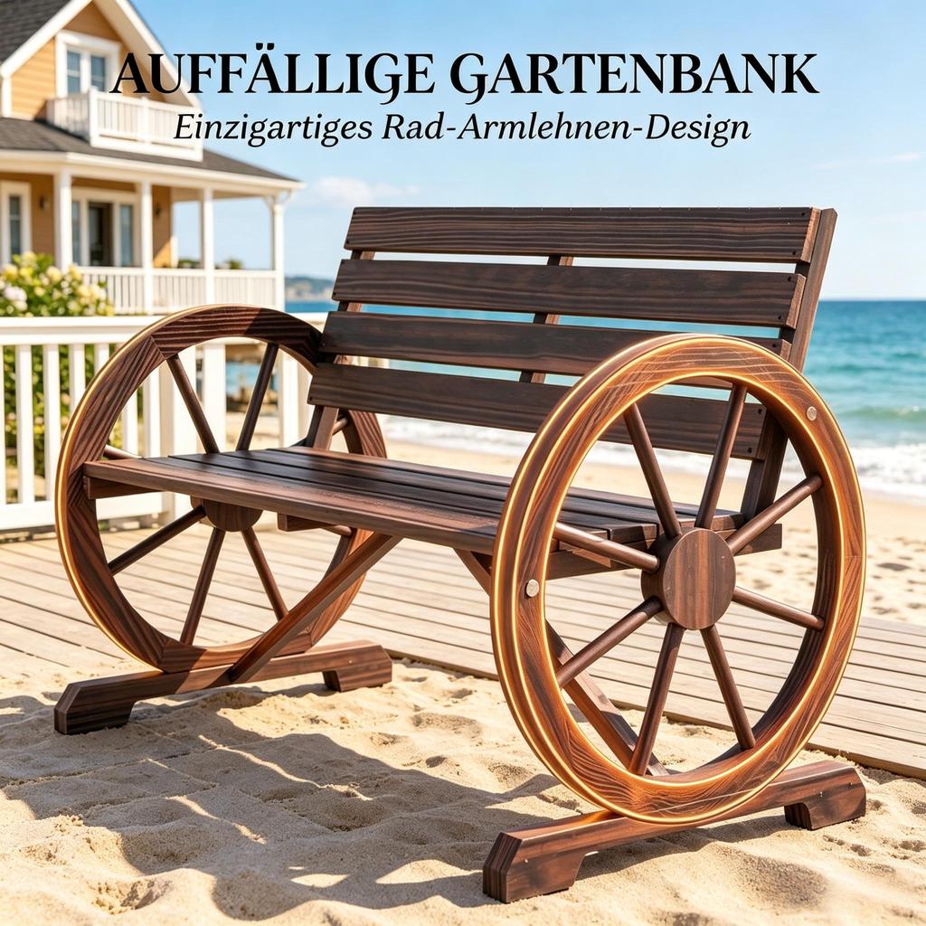 Vintage-style garden bench with cartwheel armrests, classic wooden bench with unique design, double seat bench