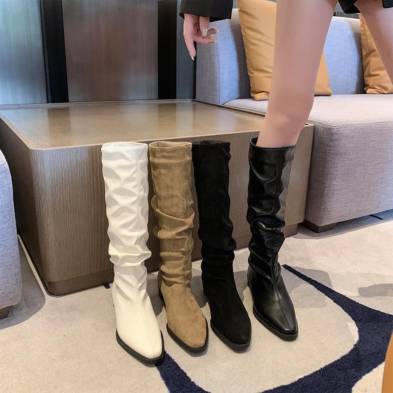 New Style Women Knee High Boots Autumn Winter Female Shoes Female Slip-on Folds Low Heel Round Toe Flat Long Boots Boots