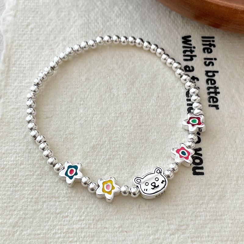Banyan Tree S925 Silver Colorful Flower Bear Beaded Bracelet for Women - Summer Girlish Jewelry