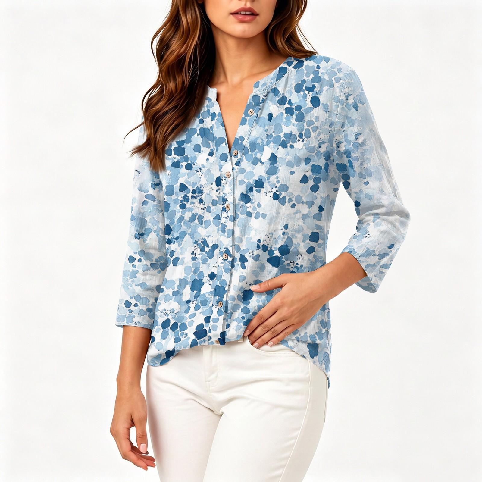 Women s Vintage Floral Print Henley Button Neck Shirt Three Quarter Sleeve Linen Cotton Blend Casual Blouse L