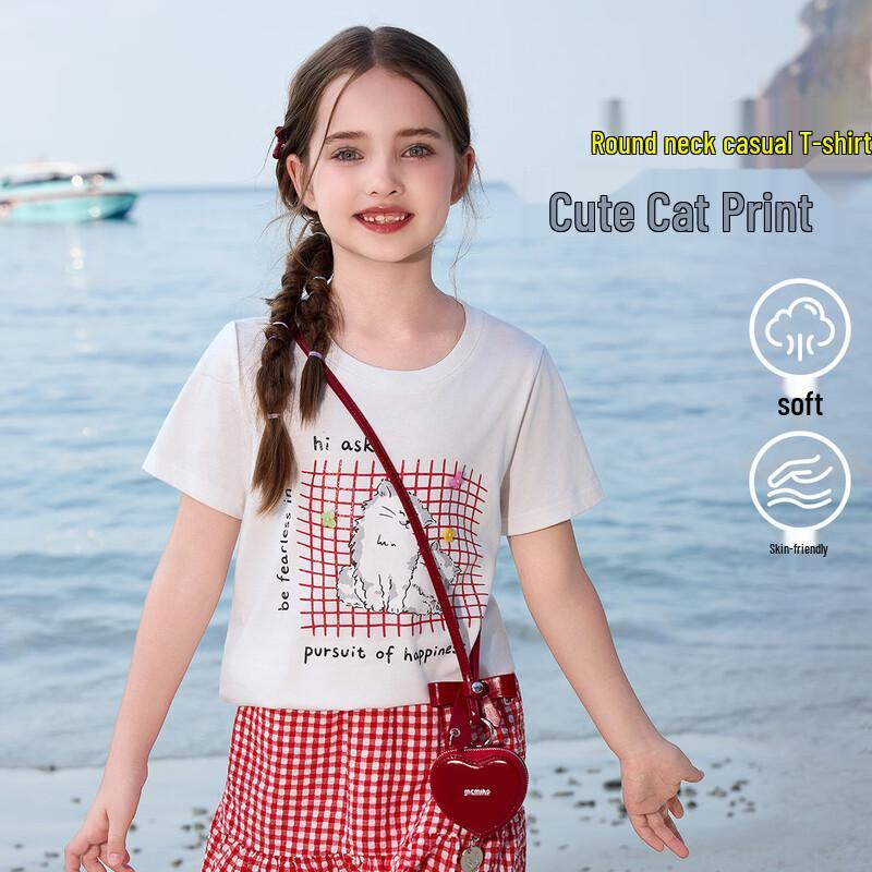 ASK JUNIOR Girls  Cute Cat Print Breathable Short-Sleeve T-Shirt 140