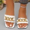 Fashion Shoes for Women 2024 Hot Sale Square Toe Women's Slippers Summer Open Toe Chain Solid Outdoor Casual Beach Large Size Slippers