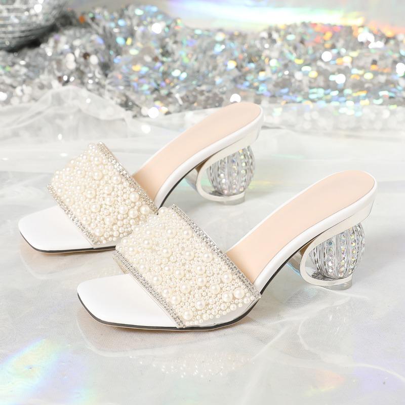 New White Pearl Shiny Sandals Slippers Women Transparent Thick Bottom Party Dress Mules High Heels Summer Heeled Beach