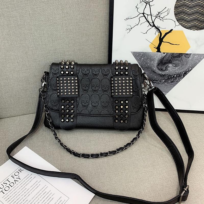 Sac à Bandoulière Noir Fashion à Rivets pour Femme Sac Messager en Cuir PU Vintage Cool Sacs Bandoulière Sac à Main Mode Dame sac a main 25x2.5x17cm noir