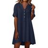 Linen Dress For Women Short Sleeve V Neck Button Down Sundress  Spring Summer Loose Fit Vacation Cotton Tunic