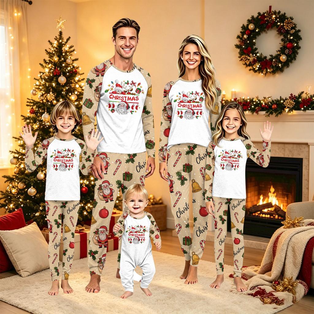 Christmas Family Matching Long Sleeve Pajama Set with Neck Top and Pants for Parents and Kids