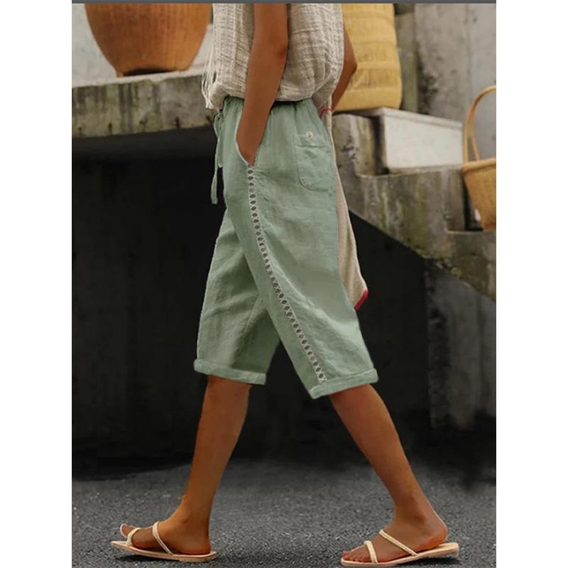 2026 Summer Fashion Woven Cotton Linen Lace Casual Capris Large