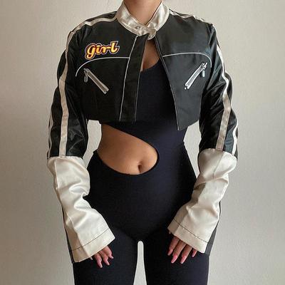 Faux Leather Biker Jackets Women Patchwork Long Sleeve Zipper Cropped Coats Streetwear Autumn Punk PU Outerwear