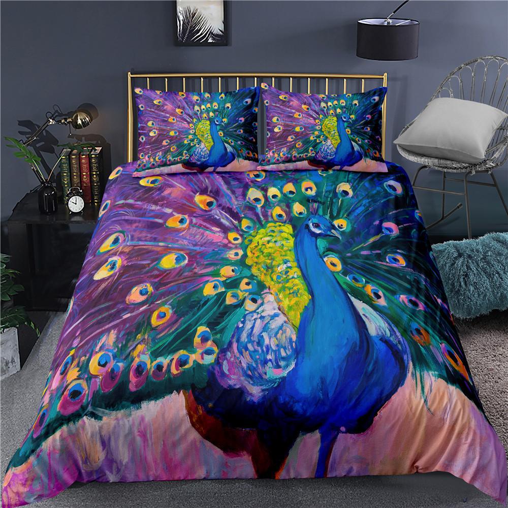Comforter Peacock Plum Blossom Decor Bedding Set King Size Crane Peacock Feather Floral Pattern Romantic