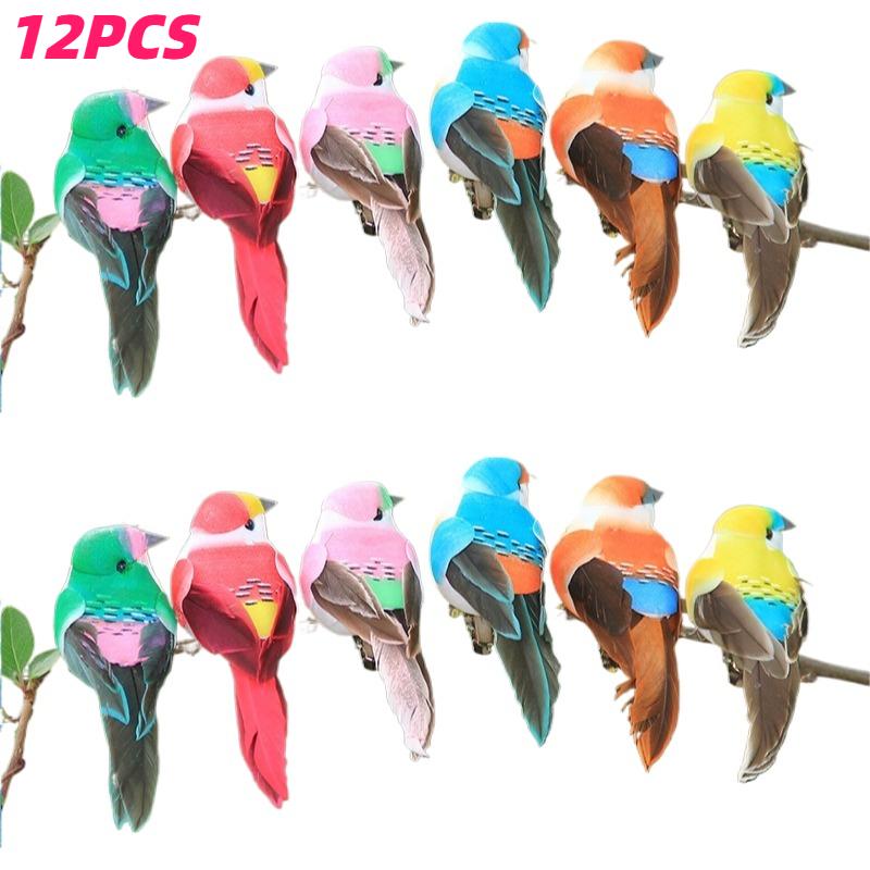 

12pcs Vibrant Artificial Feather Bird Ornaments with Clip Collectible Figurines Colorful Bird for Craft Tree Ornament Decoration