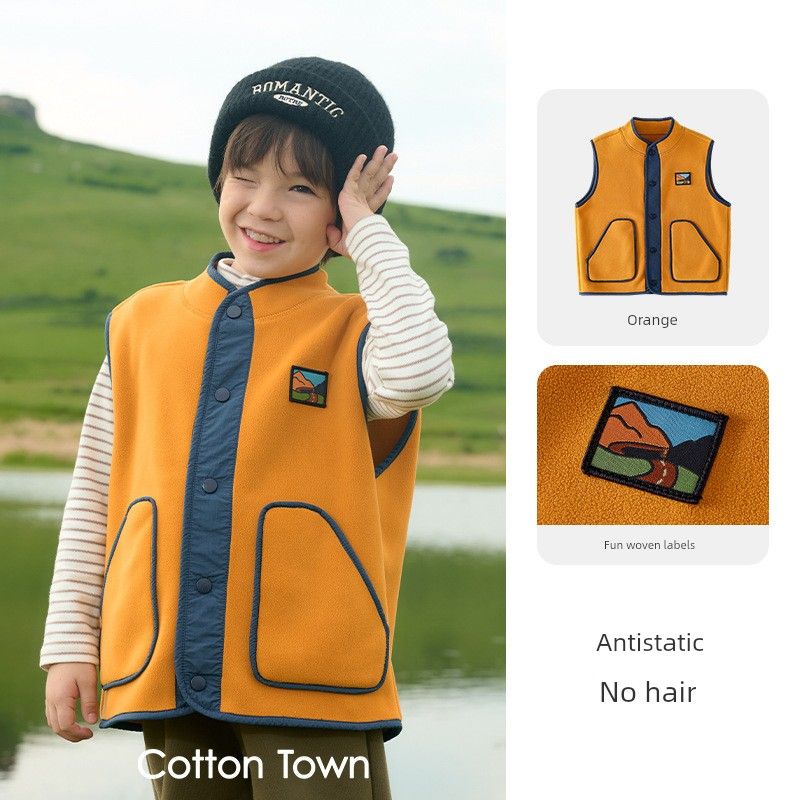 Boys Vest Autumn and Winter Children s Clothing Children s Vest Warm Outer Wear Girls Waistcoat Olympic Fleece Color Matching Cardigan Clothes Orange 140/68