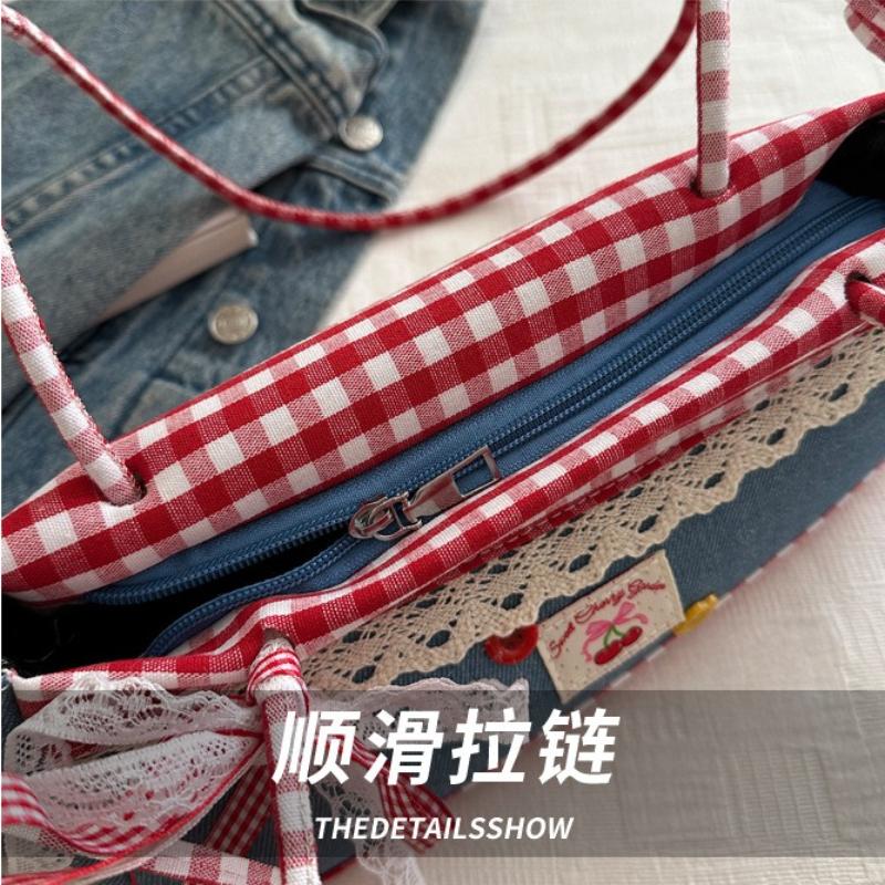 Versatile Lace Bow Plaid Women Shoulder Bags Casual College Girls Denim Underarm Bag Large Capacity Female Square Handbags Tote