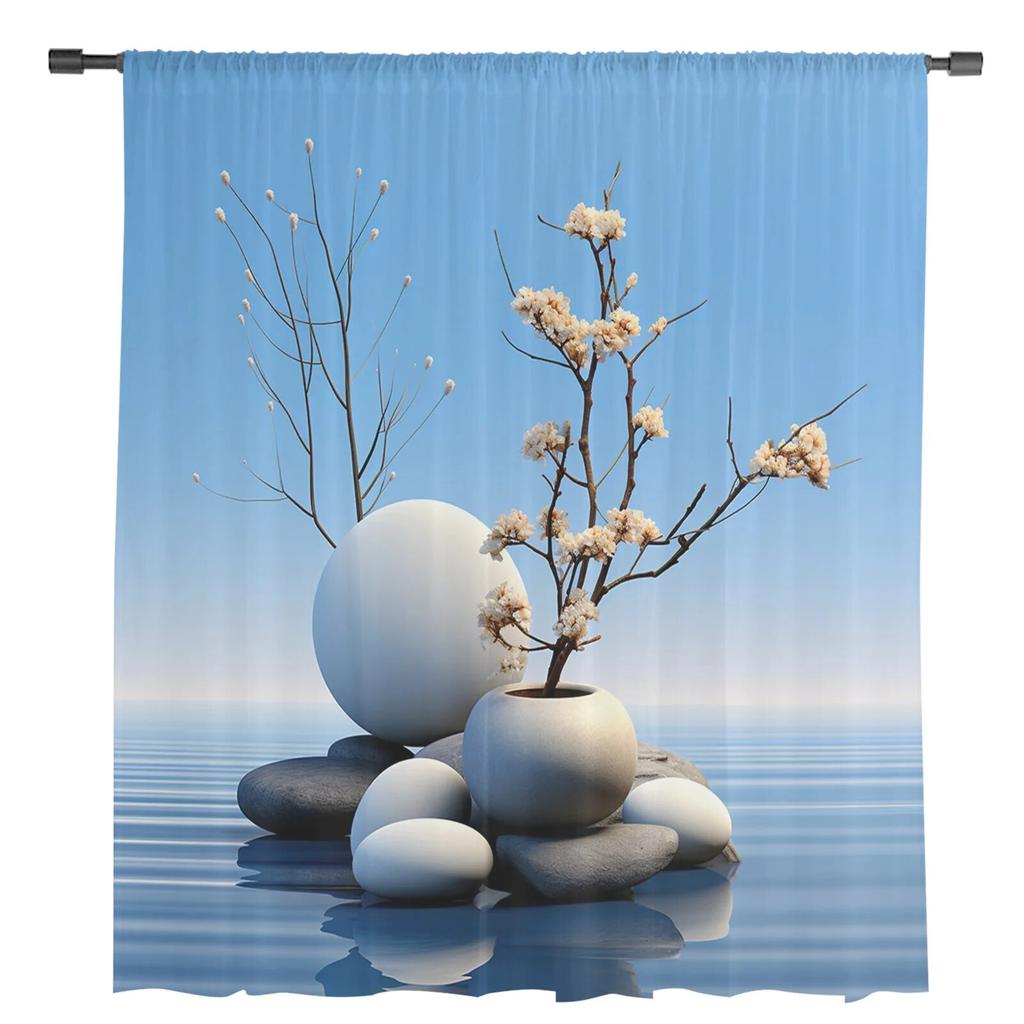 Zen Stones Branch Flower Window Tulle Curtains For Living Room Kitchen Christmas Home Decor Sheer Voile Curtains
