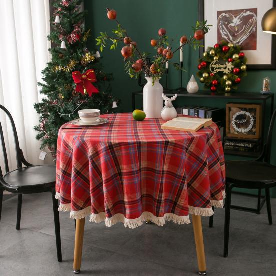 Christmas Round Tablecloth Plaid Tassel Tablecloth Home Party Wedding Thanksgiving Birthday Decoration