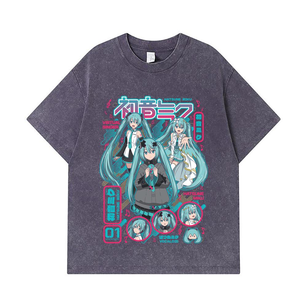 275 GSM Washed T-shirts 100% Cotton Vocaloid V1 Hatsune Miku Print Unisex Heavy Cotton T Shirt