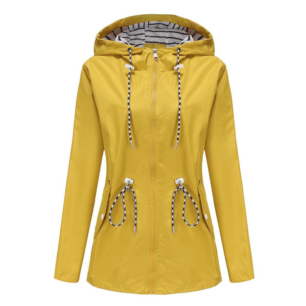 Long-sleeved Splash-proof Long Windbreaker for Women with Hood and Stripes Plus Size
